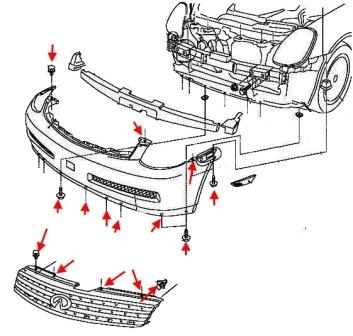 the scheme of fastening of the front bumper Infiniti G series (2002-2007)