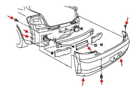 the scheme of fastening the rear bumper of the Infiniti G series (2002-2007)