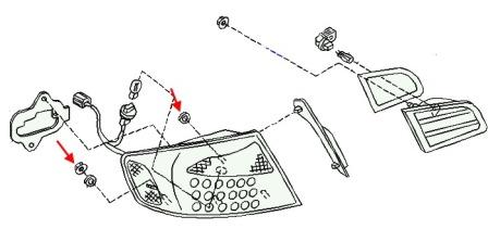 schema di montaggio per fanale posteriore Infiniti serie G (2002-2007)