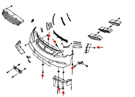 the scheme of fastening of the front bumper Infiniti G series (after 2008)