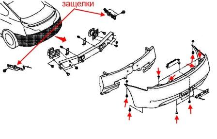the scheme of fastening the rear bumper of the Infiniti G series (after 2008)