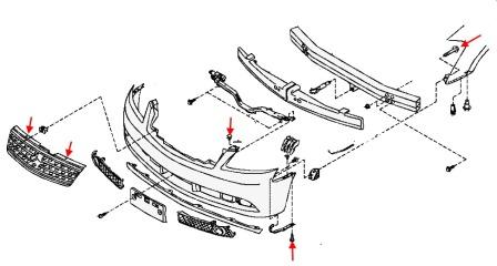 schema montaggio paraurti anteriore Infiniti M45/35 (Y50) (2005-2010)