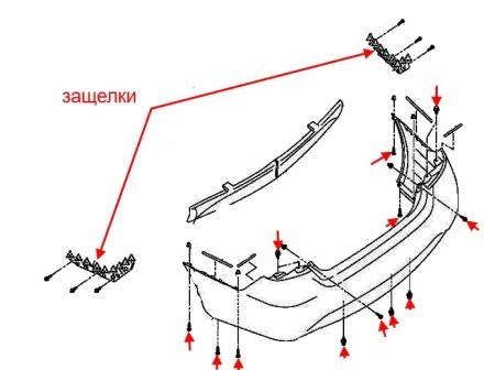 the scheme of fastening the rear bumper of the Infiniti M35/M37/M56 (after 2010)