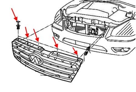 the scheme of fastening of the grille Infiniti Q45 (2001-2006)
