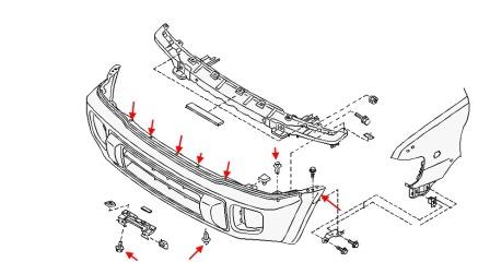 the scheme of fastening of the front bumper Infiniti QX4 