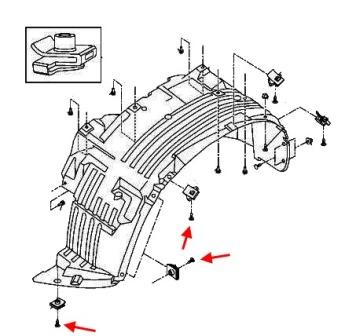 the scheme of fastening of the front fender liner Infiniti QX56 (2004-2010)