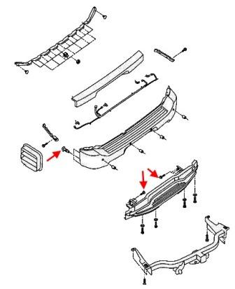 Esquema de montaje del parachoques trasero Infiniti QX56 (2004-2010)