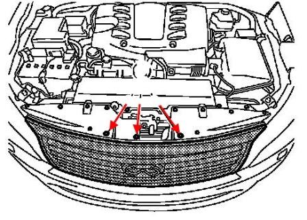 the scheme of fastening of the grille Infiniti QX56/QX80 (after 2010)