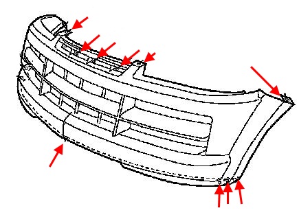 Diagrama de montaje del parachoques delantero Isuzu Axiom