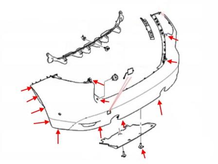 Diagrama de montaje del parachoques trasero del Jaguar F-Pace