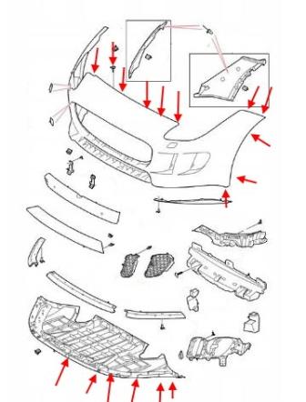 Diagrama de montaje del parachoques delantero del Jaguar F-Type