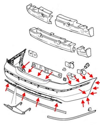 Diagrama de montaje del parachoques trasero Jaguar S-Type