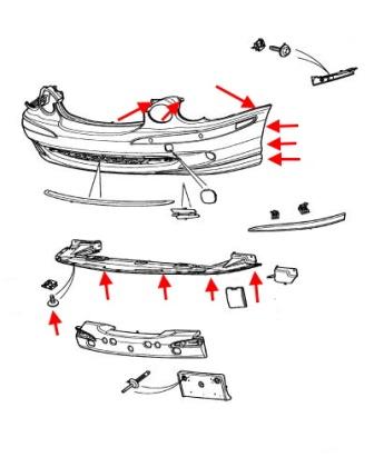 Diagrama de montaje del parachoques delantero del Jaguar X-Type