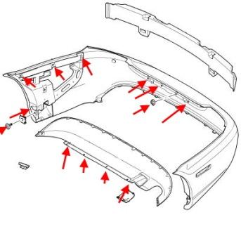 Diagrama de montaje del parachoques trasero del Jaguar X-Type