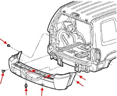 Montageplan für die hintere Stoßstange Jeep Cherokee KJ, Liberty (2001-2007)