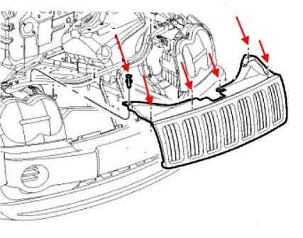 diagrama de montaje de la rejilla del radiador Jeep Grand Cherokee WK (2005-2010)