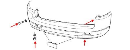 the scheme of fastening the rear bumper of Lada (VAZ) 2110, 2111, 2112