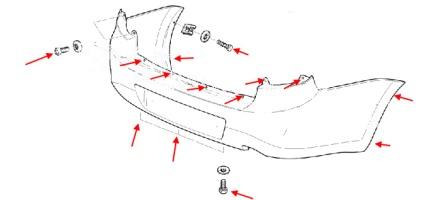 the scheme of fastening the rear bumper of Lada (VAZ) Lada Granta 2190, 2191