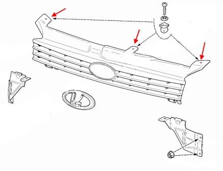 scheme of fastening of the radiator grille Lada (VAZ) Kalina 1117, 1118, 1119