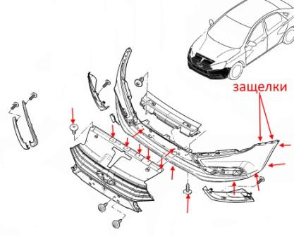 esquema de montaje del parachoques delantero Lada (VAZ) Vesta (Vesta SW Cross)