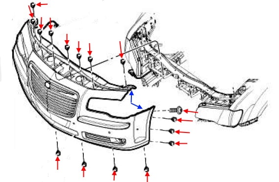 Esquema de montaje del parachoques delantero Lancia Thema II (2011-2014)