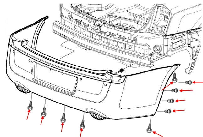 Esquema de montaje del parachoques trasero Lancia Thema II (2011-2014)