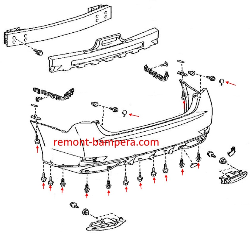 Esquema de montaje del parachoques trasero para Lexus GS IV (2013-2020)