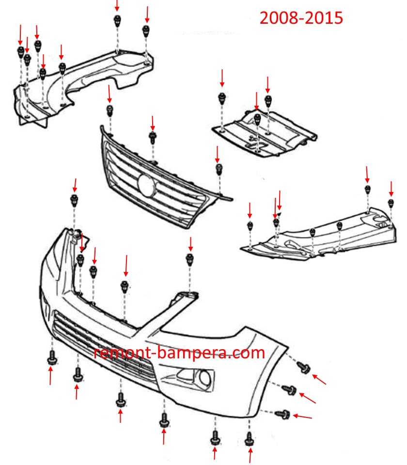 Esquema de montaje del parachoques delantero para Lexus LX 570 (2008-2015)