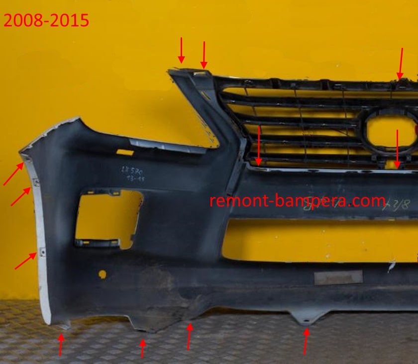 posizioni di montaggio per il paraurti anteriore Lexus LX 570 (2008-2015)