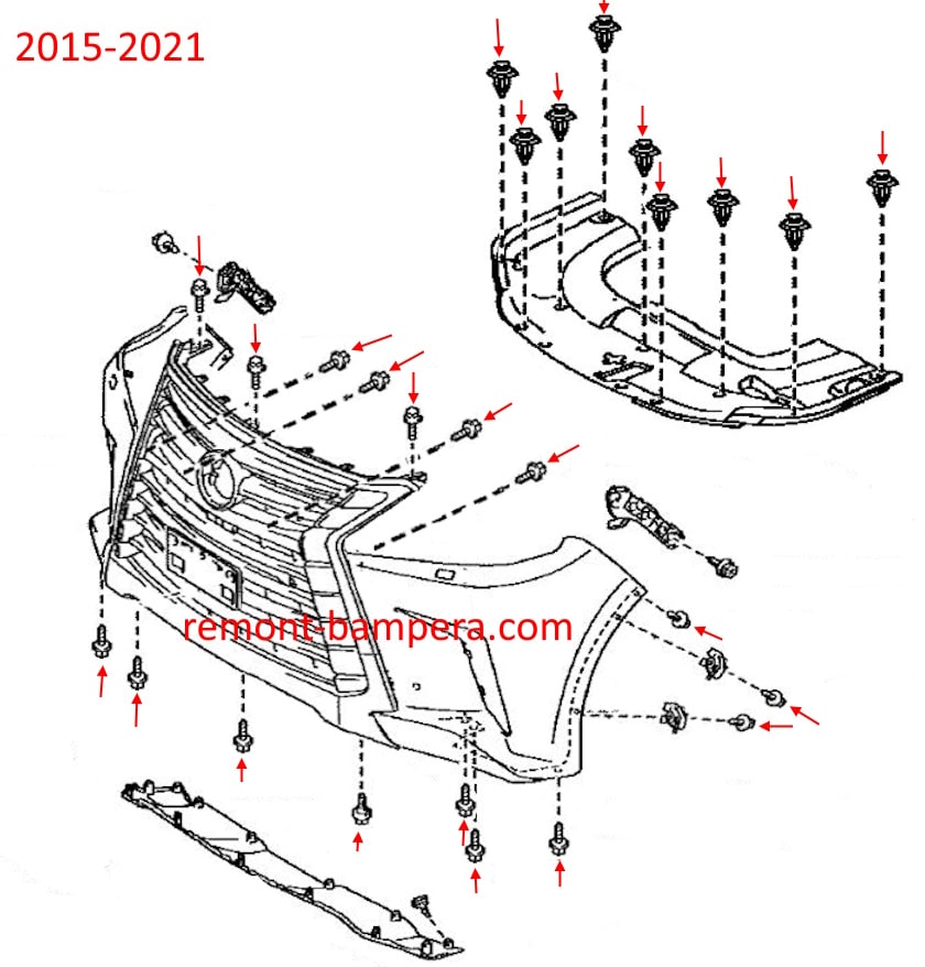 Schema di montaggio del paraurti anteriore per Lexus LX 570 (2015-2021)