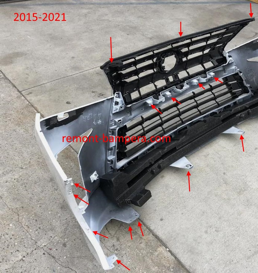 Ubicaciones de montaje del parachoques delantero Lexus LX 570 (2015-2021)