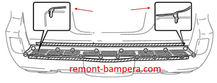 Esquema de montaje del parachoques trasero para Lexus LX 570 (2008-2021)