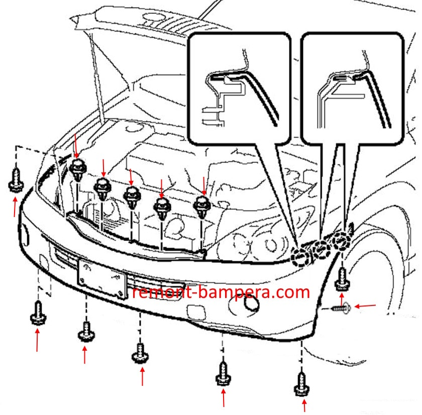 Schema di montaggio del paraurti anteriore per Lexus RX 330 (2004-2009)