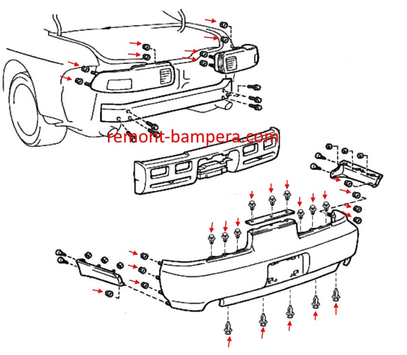 Esquema de montaje del parachoques trasero para Lexus SC 300 (1992-2000)