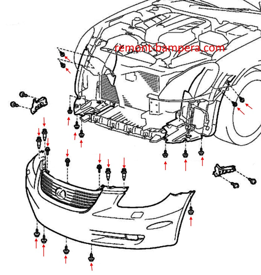 Schéma de montage du pare-chocs avant pour Lexus SC 430 (2001-2010)