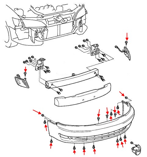 Diagramm zur Befestigung der vorderen Stoßstange Lexus ES 3 (1997-2001)