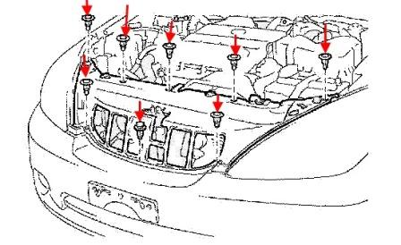Diagramm der Befestigung des Kühlergrills Lexus ES 4 (2001-2006)