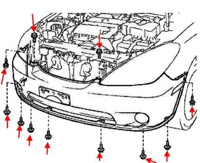 the scheme of fastening of the front bumper of the Lexus ES 4 (2001-2006)
