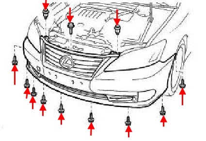 diagrama de fijación del parachoques delantero Lexus ES 5 (2006-2012)