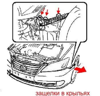 the scheme of fastening of the front bumper of the Lexus ES 5 (2006-2012)