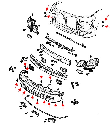 the scheme of fastening of the front bumper Lexus GS 2 (1997-2005)