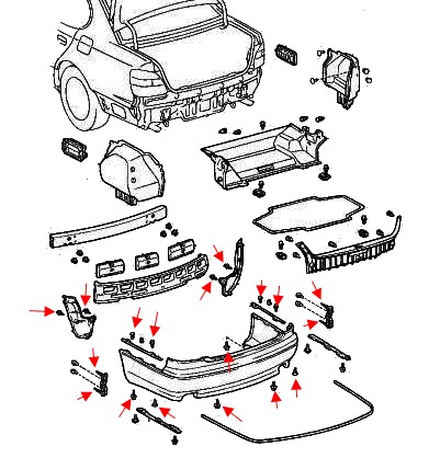 esquema de montaje del parachoques trasero Lexus GS 2 (1997-2005)