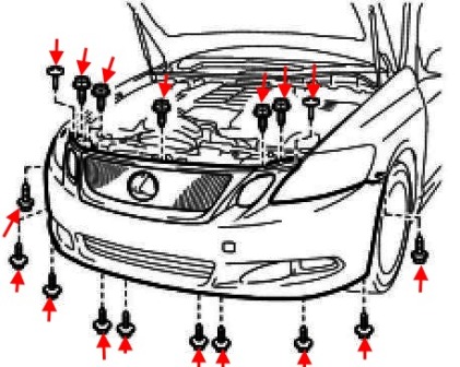 the scheme of fastening of the front bumper Lexus GS 3 (2005-2012)