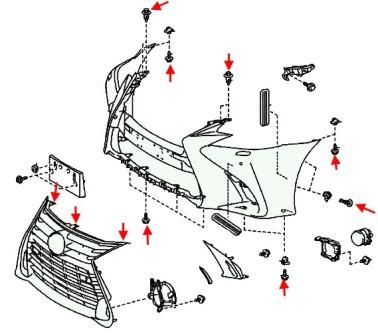 Montageplan für die vordere Stoßstange des Lexus GS 4 (nach 2012)
