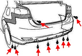 the scheme of fastening the rear bumper of the Lexus HS 250h