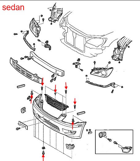 the scheme of fastening of the front bumper of the Lexus IS 1 (1999-2005)