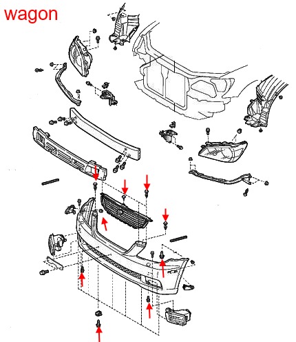 the scheme of fastening of the front bumper of the Lexus IS 1 (1999-2005)
