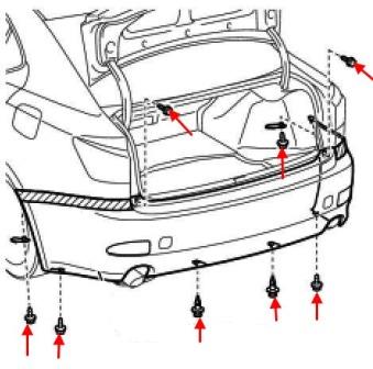 the scheme of fastening of the rear bumper Lexus IS 2 (2005-2013)