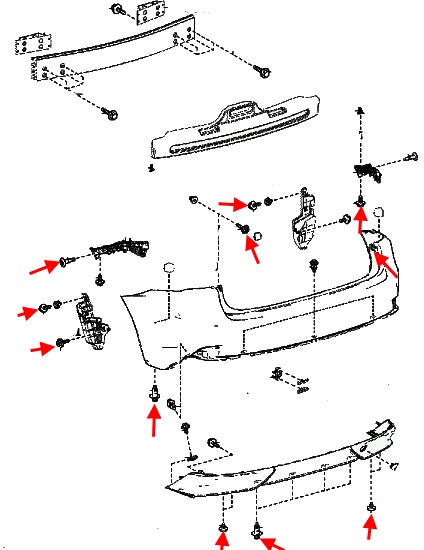 the scheme of fastening the rear bumper of the Lexus IS 3 (after 2013)