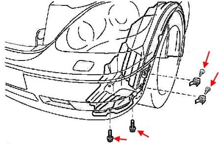 scheme of fastening of the front inner fender of the Lexus LS 430 (2000-2006)
